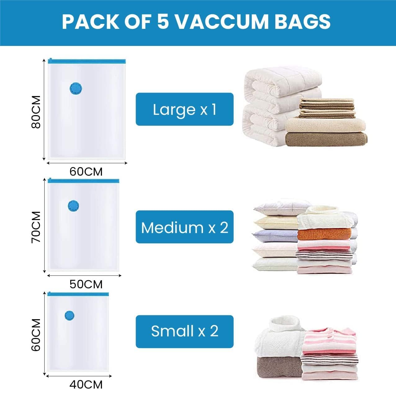 Packing vacuum bags with pump, Sealer Bags for Travel clothes and home Blankets, Quilts with hand Pump(2 Small + 2 Medium + 1 Large) Packing vacuum bags with pump, Sealer Bags for Travel clothes and home Blankets, Quilts with hand Pump(2 Small + 2 Medium + 1 Large)